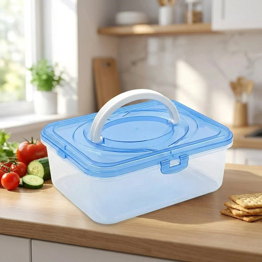 Plastic refrigerator egg storage box with blue lid and carrying handle
