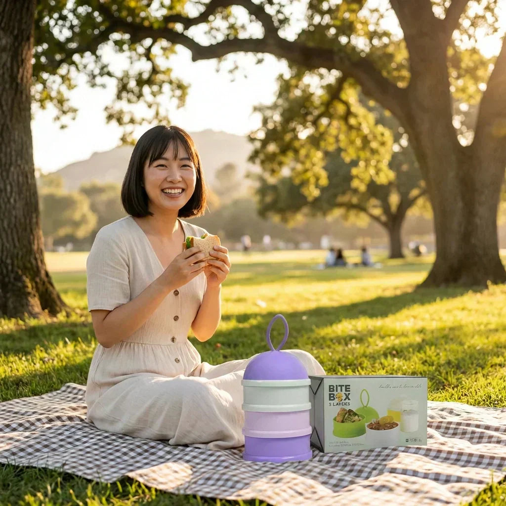 Three-layer snack stack with purple lid and white base, compact stackable containers