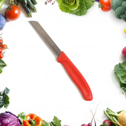 Kitchen knife with red handle and stainless blade