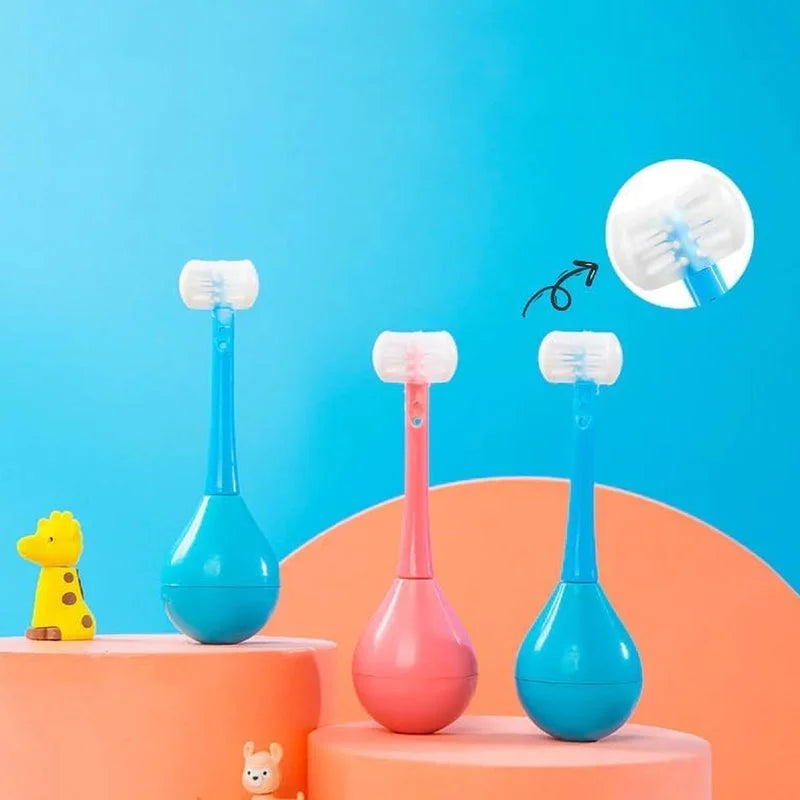 3-sided toddler toothbrushes, three colors with small bristle heads