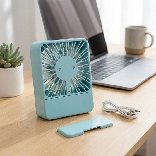 Light blue USB desk fan with square grille and 3-speed control panel base