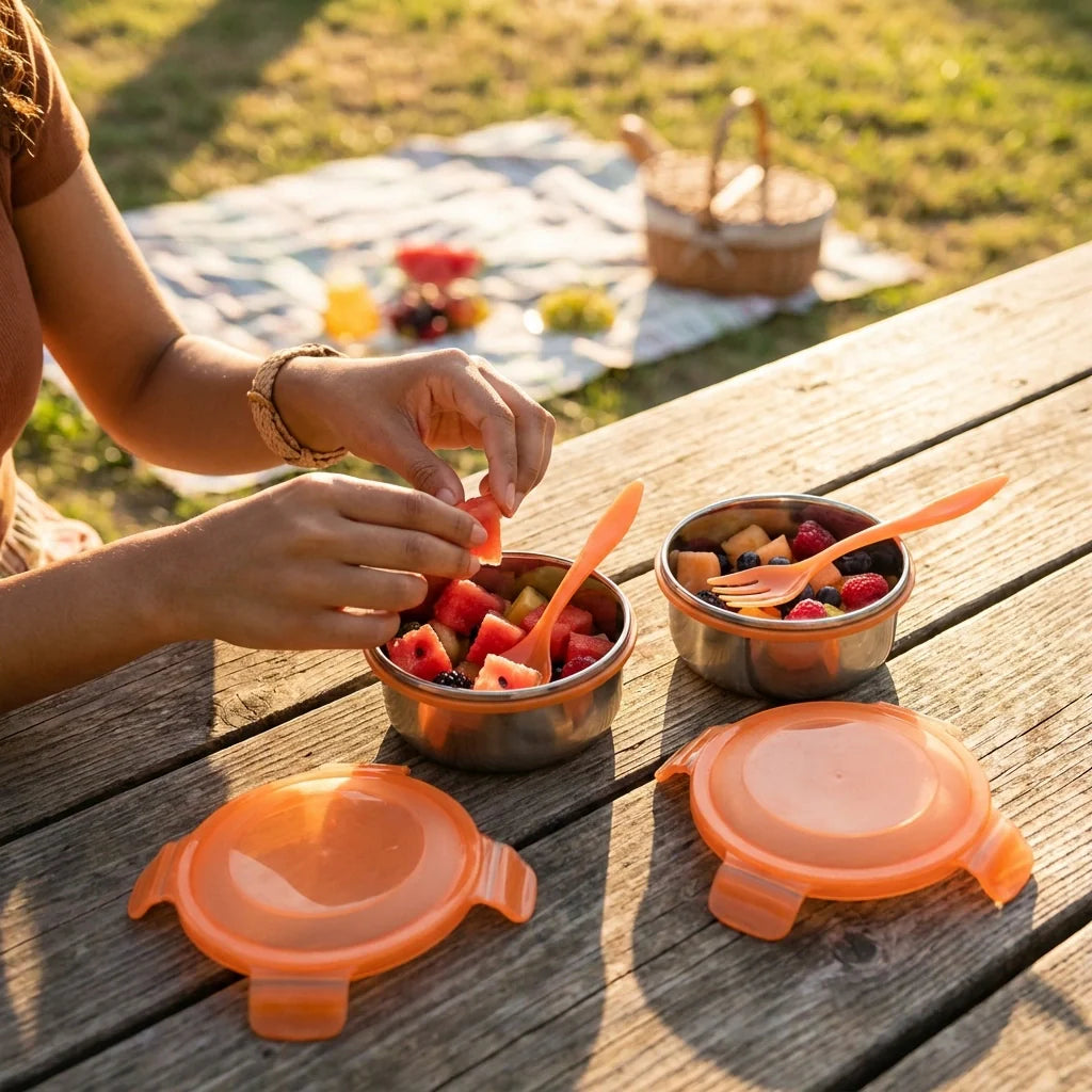 3-tier stainless steel lunch box with orange lids, open compartments for food