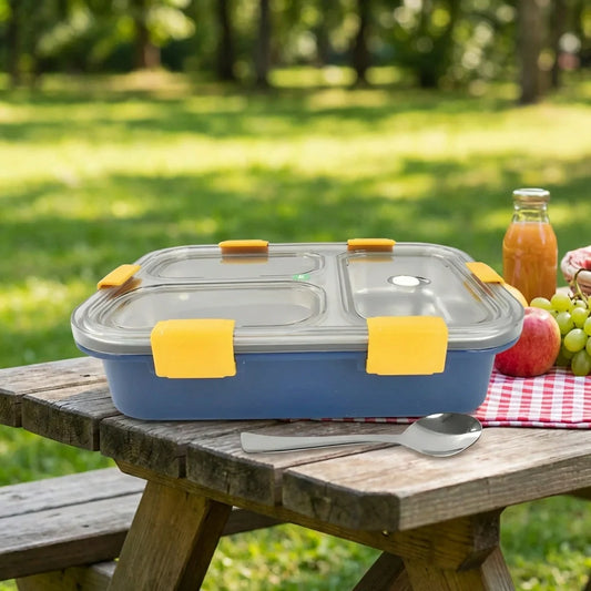 3-tier stainless tiffin lunch box with three compartments and clear lid, blue base