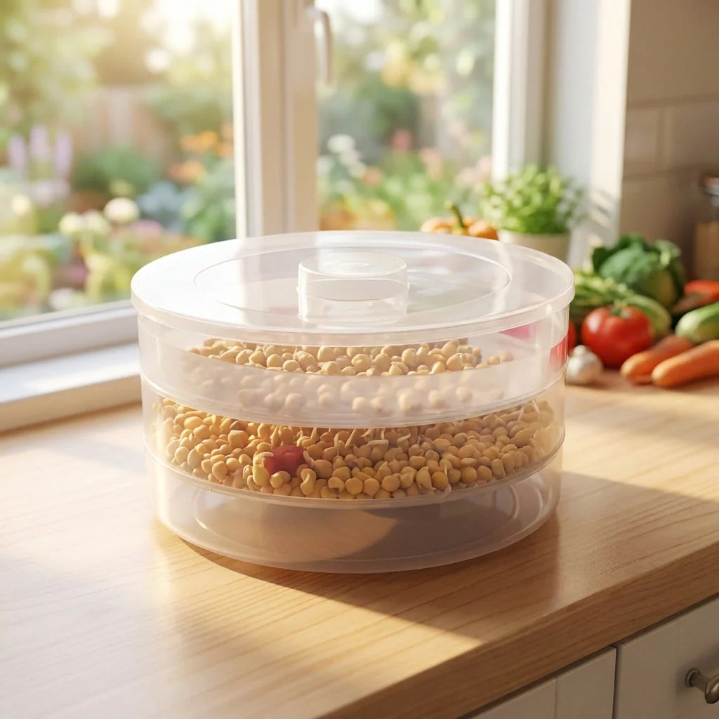 3-tray indoor sprout maker with clear stacked trays and round lid