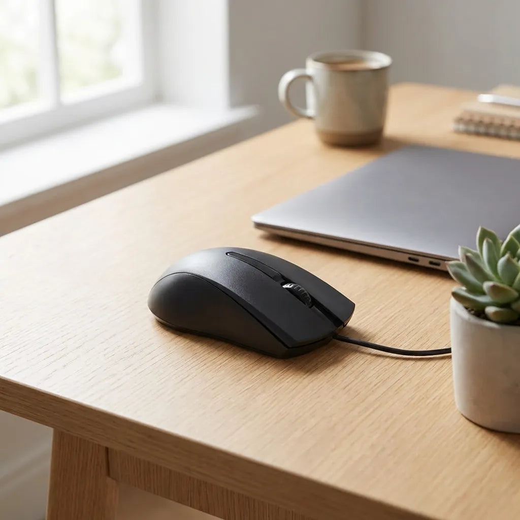 Wired optical mouse, black, with cable, resting on a desk surface.