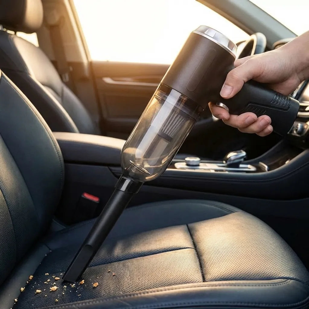 Handheld car vacuum with clear dust container cleaning car seat upholstery