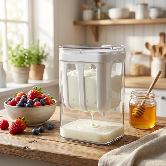 Yogurt strainer with clear container and strainer insert over a drip collection base