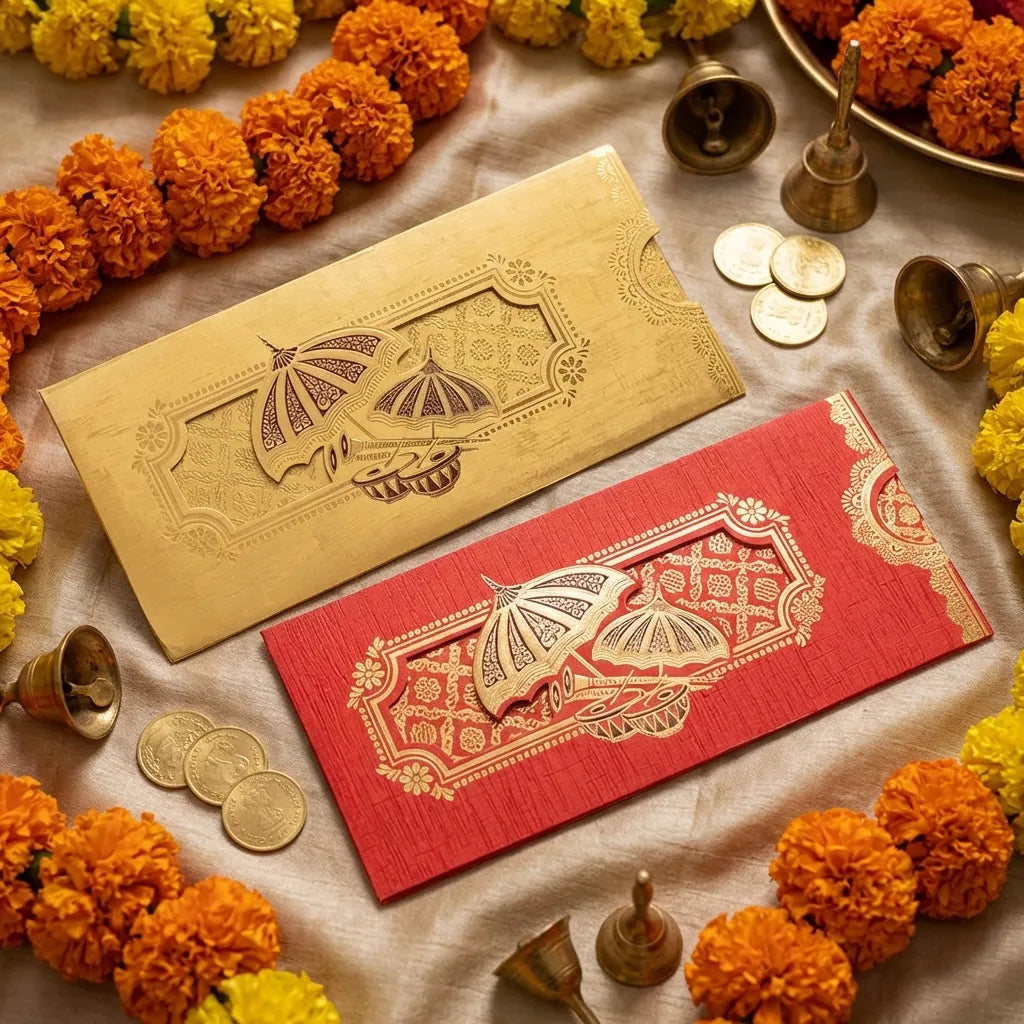 Wedding gift envelopes pack of 10, gold and red with embossed floral motifs