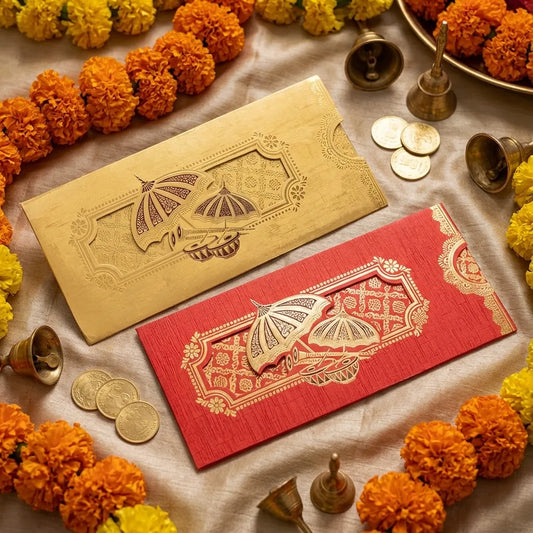 Wedding gift envelopes pack of 10, gold and red with embossed floral motifs