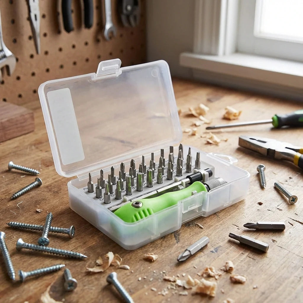 Mini screwdriver set with open plastic case and assorted metal bits in green tray