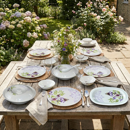 32-piece unbreakable tableware set with floral plates, bowls, and cups