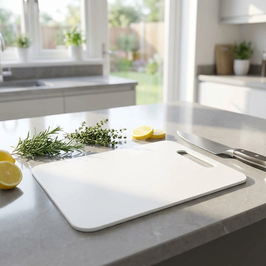 White plastic chopping board, rectangular with rounded corners