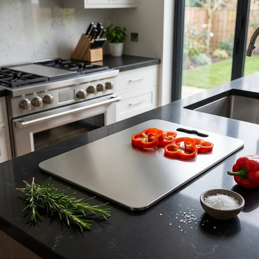 Rectangular stainless steel cutting board with rounded corners, smooth surface