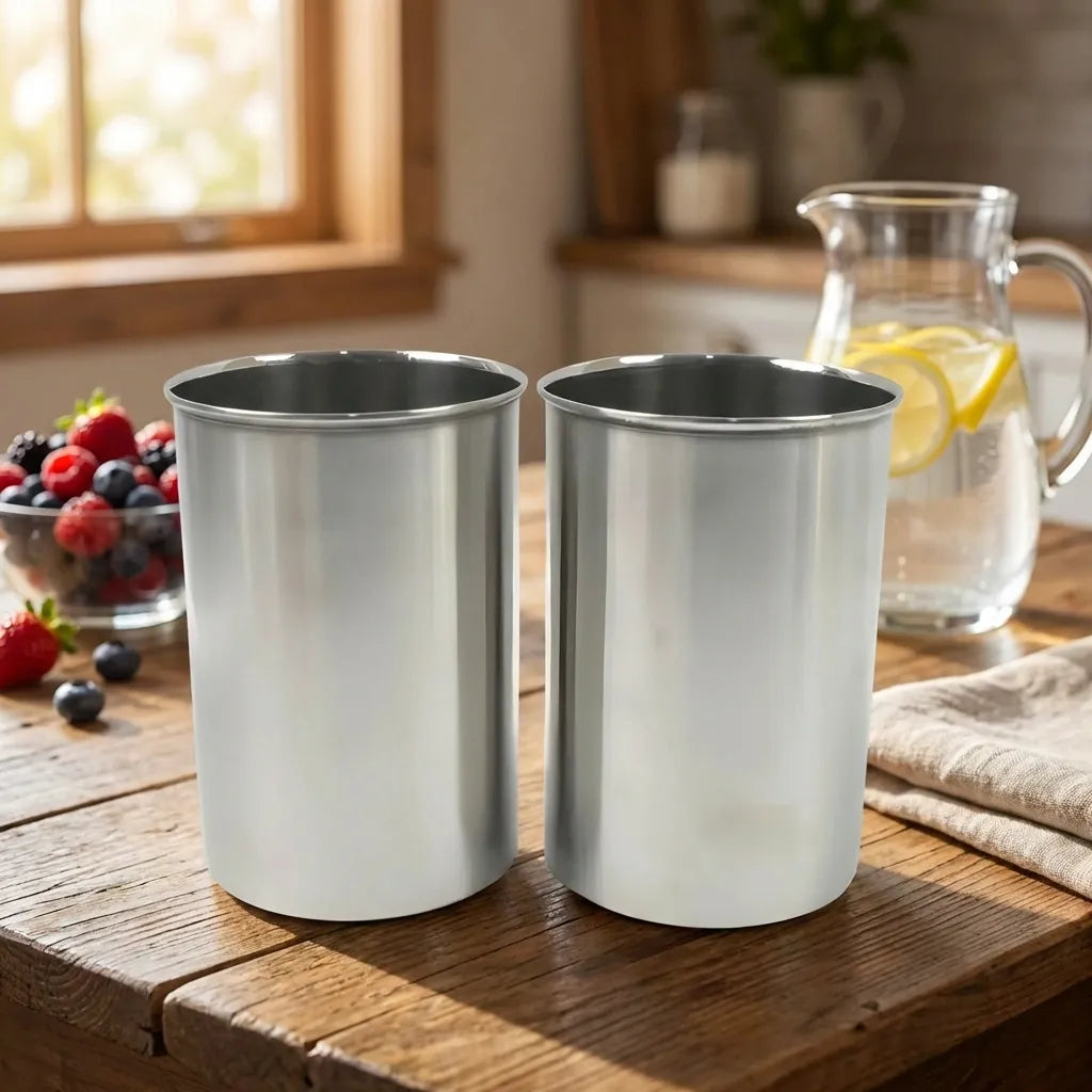 Stainless steel airtight containers, two cylindrical open cups with flat rims