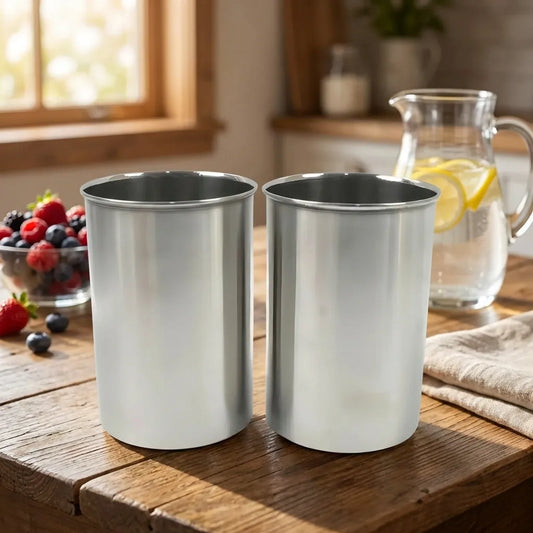Stainless steel airtight containers, two cylindrical open cups with flat rims