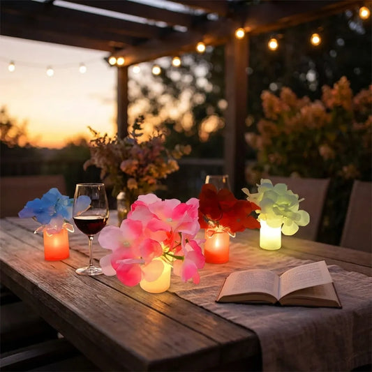 Flower-shaped LED mood lights in small vases with pink red yellow blue glow