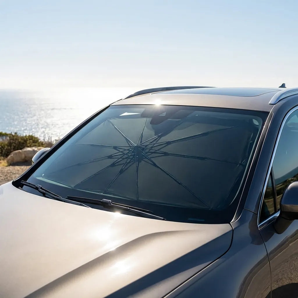 Car windshield umbrella shade with umbrella-like ribs, black mesh cover