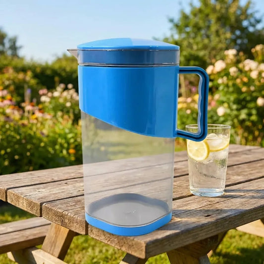 1.8L water jug with clear body, blue lid, and side handle