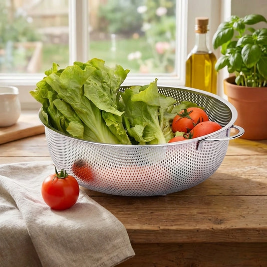 Stainless steel collapsible mesh strainer bowl with side handles, holding vegetables