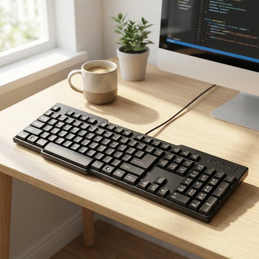 Wired USB keyboard with 104 keys, black keycaps and visible cable
