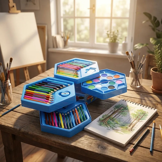 Plastic art color set with colored markers and blue plastic storage cases