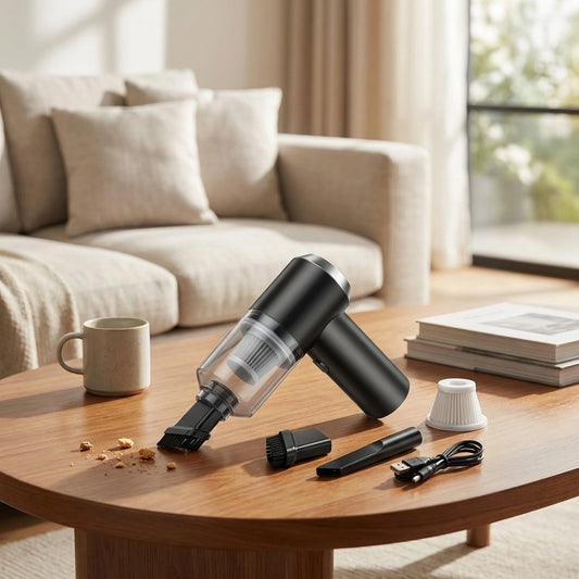 Handheld portable wireless vacuum cleaner with dust bin and floor brush attachments
