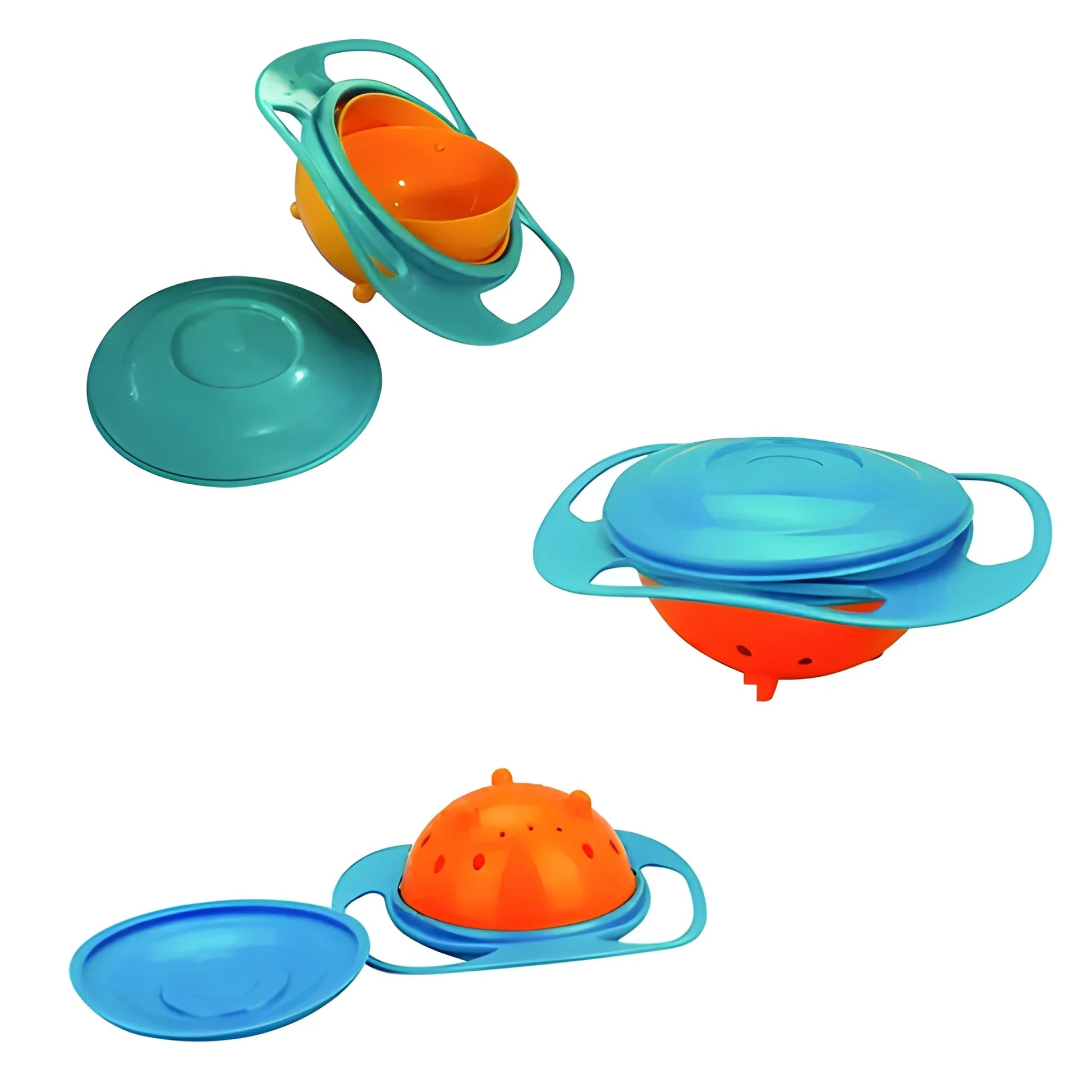 Anti-spill toddler bowl with lid and handles, teal-blue with orange insert