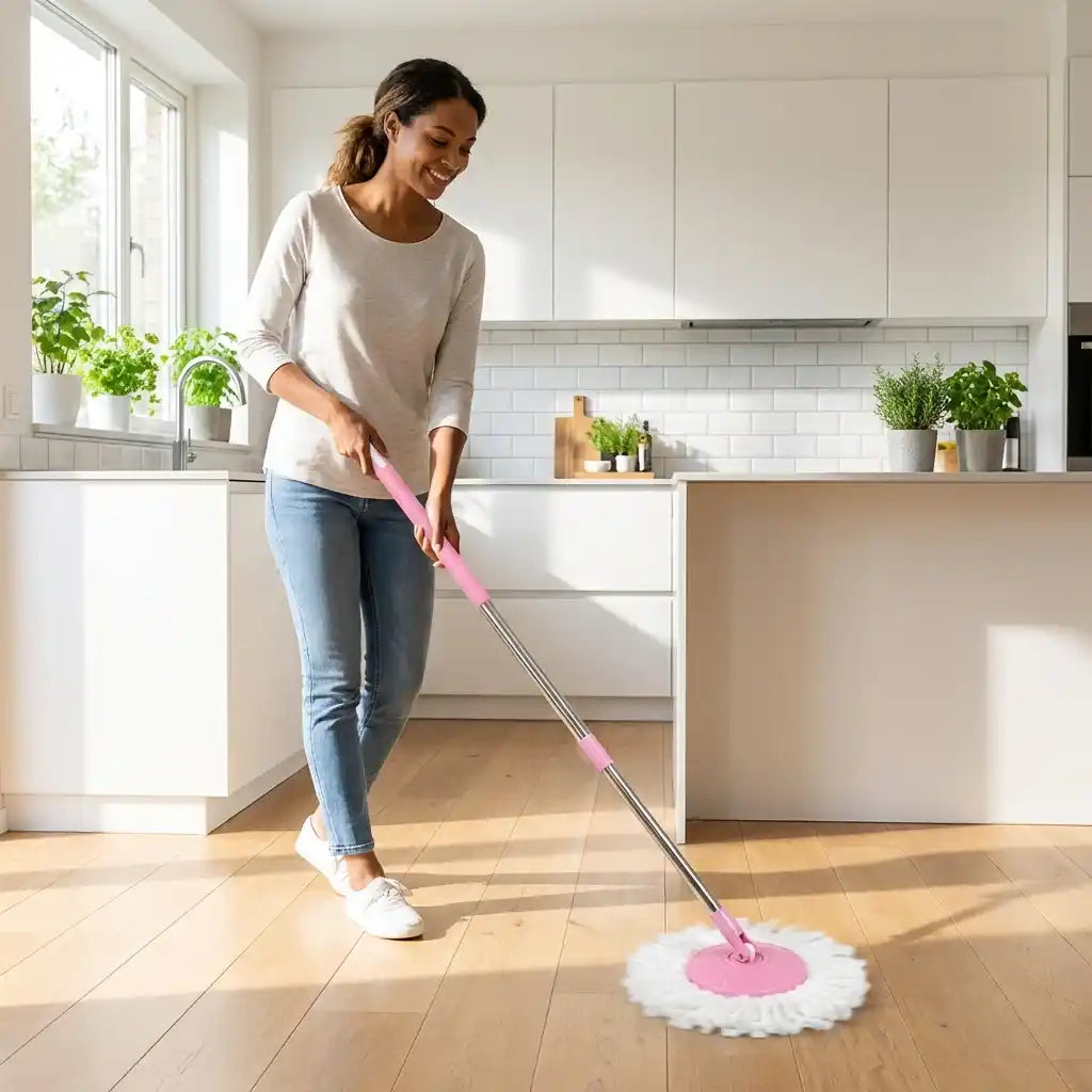360-degree microfiber mop used by person, showing pink head and white microfiber cleaning pad