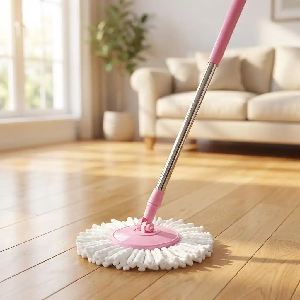 360-degree microfiber mop standing with pink head and white microfiber pad on wood floor