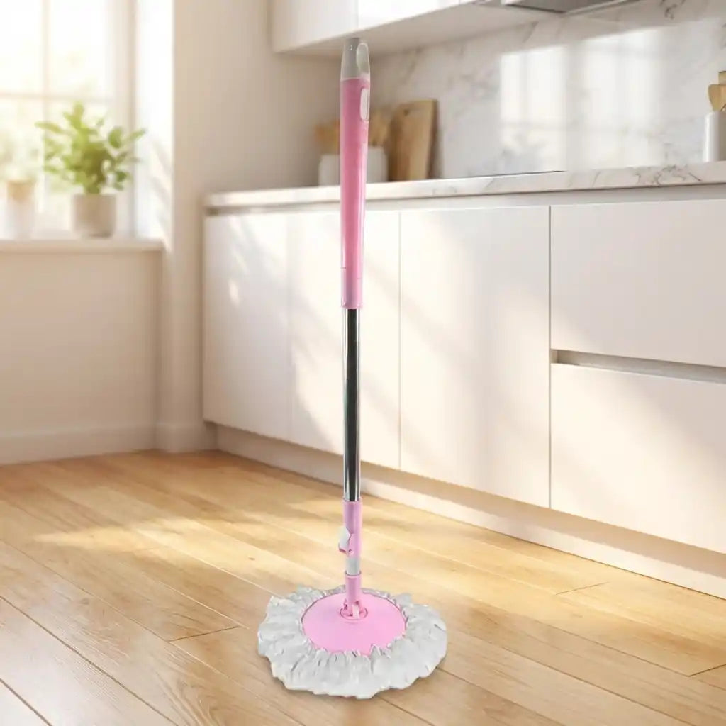 360-degree microfiber mop upright with pink round base and white microfiber pad