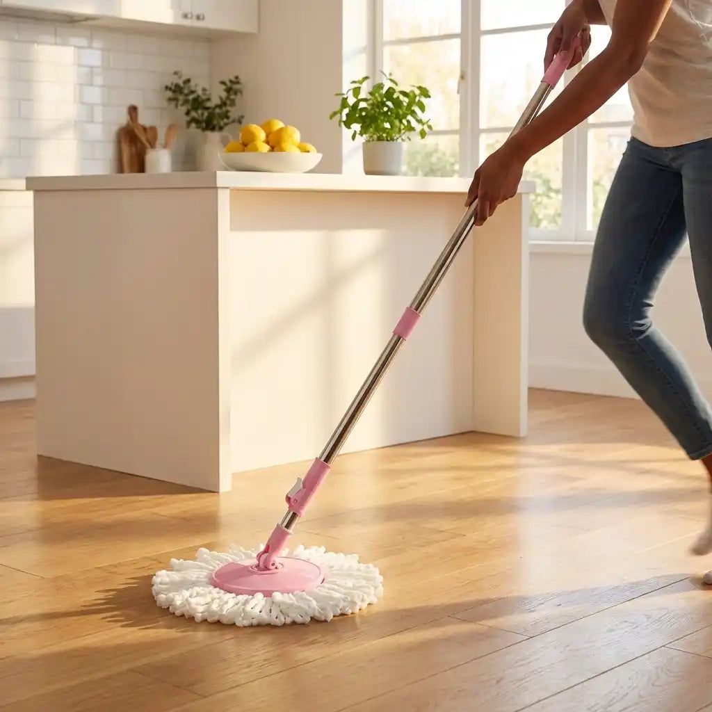 360-degree microfiber mop in use with pink head and white pad on hardwood floor