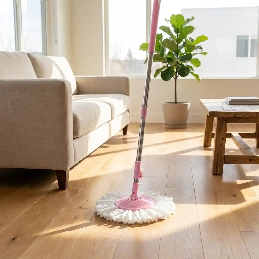 360-degree microfiber mop with pink head and white circular microfiber pad on living room floor