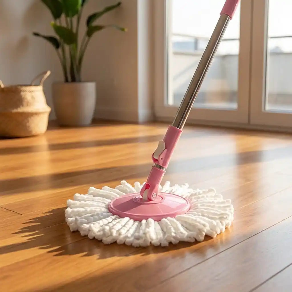 360-degree microfiber mop head close-up with pink base and white fringed microfiber pad