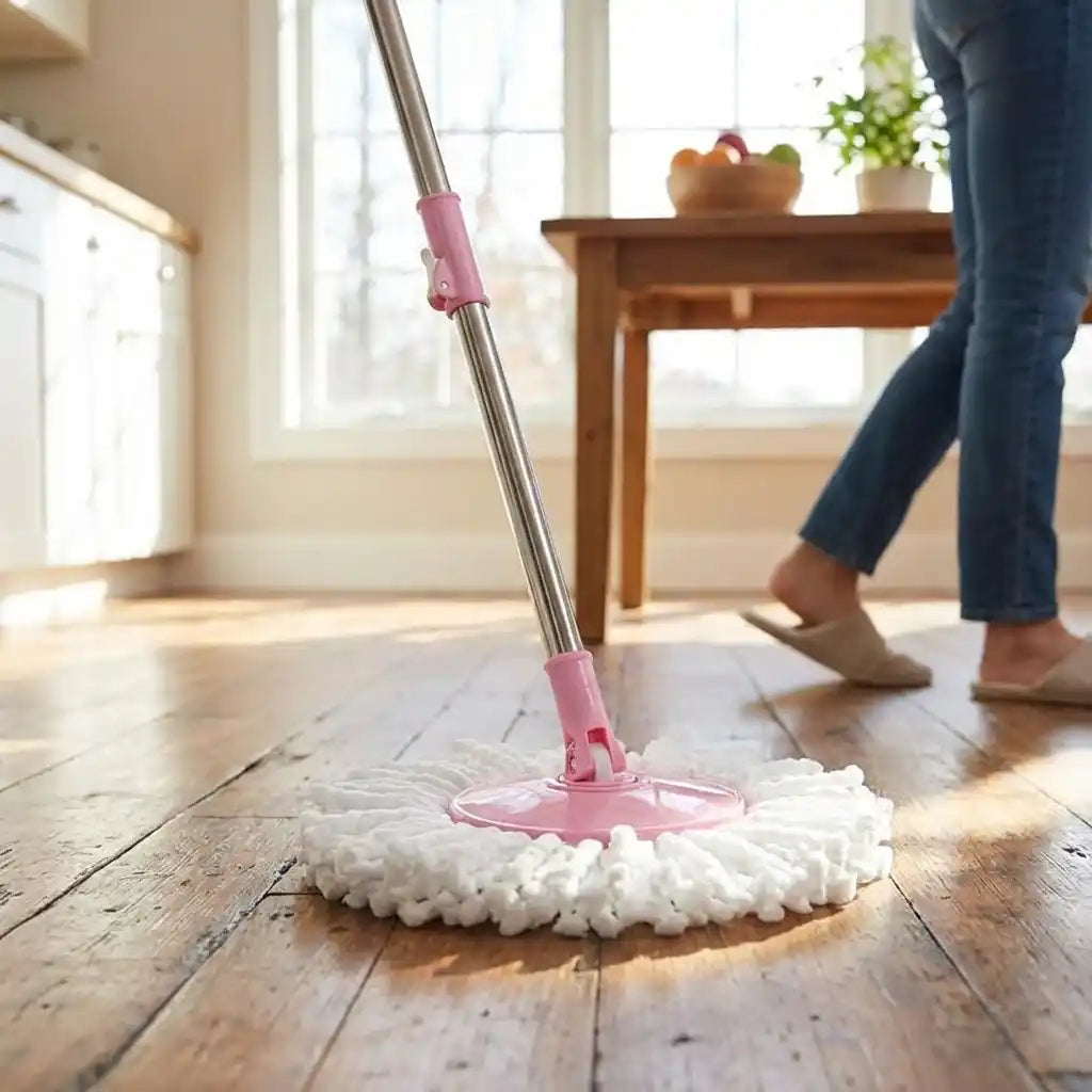 360-degree microfiber mop with pink handle and circular white microfiber pad on floor
