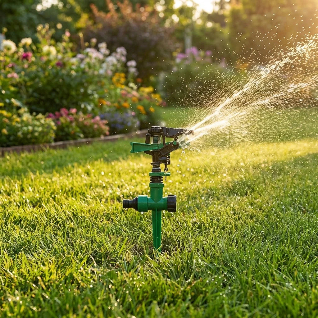 Green 360° rotating garden sprinkler with spray pattern of water from top nozzle