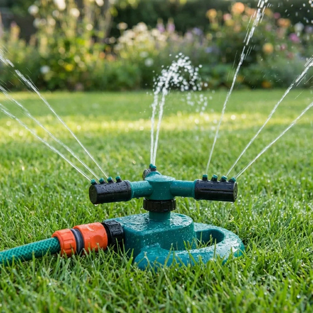 Teal 360-degree garden sprinkler on grass with rotating water spray
