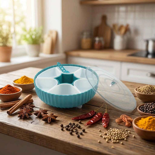 Teal revolving spice box with divided compartments and clear rotating lid, open