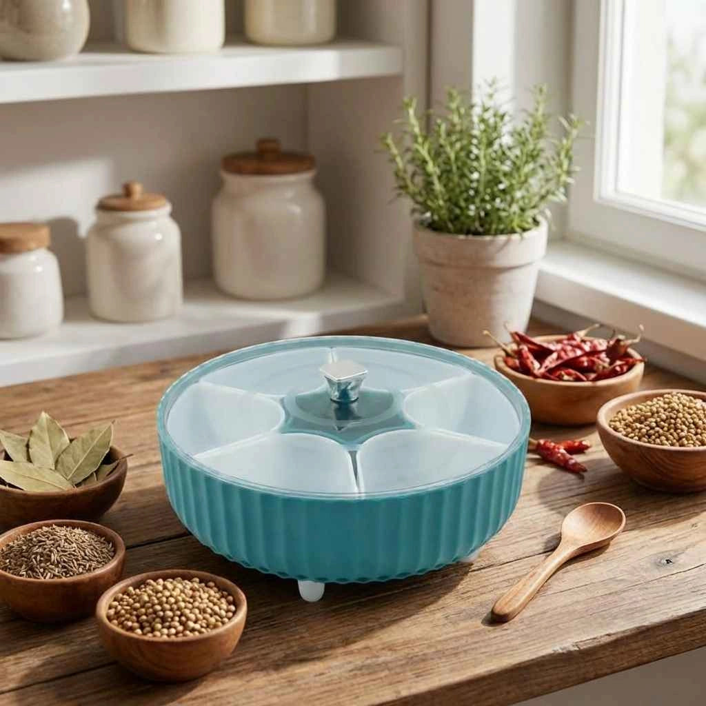 Teal revolving spice box with clear rotating lid and central hub, open