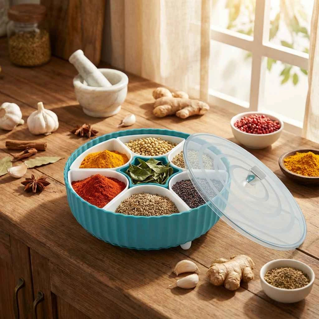 Teal revolving spice box with clear lid open, filled spice compartments