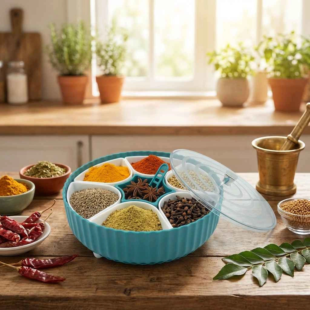 Teal revolving spice box with clear lid open, multiple filled spice sections
