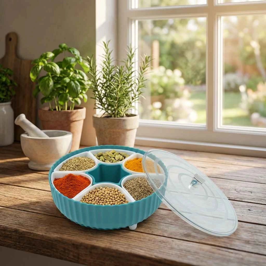 Teal revolving spice box with clear rotating lid open, spice compartments shown