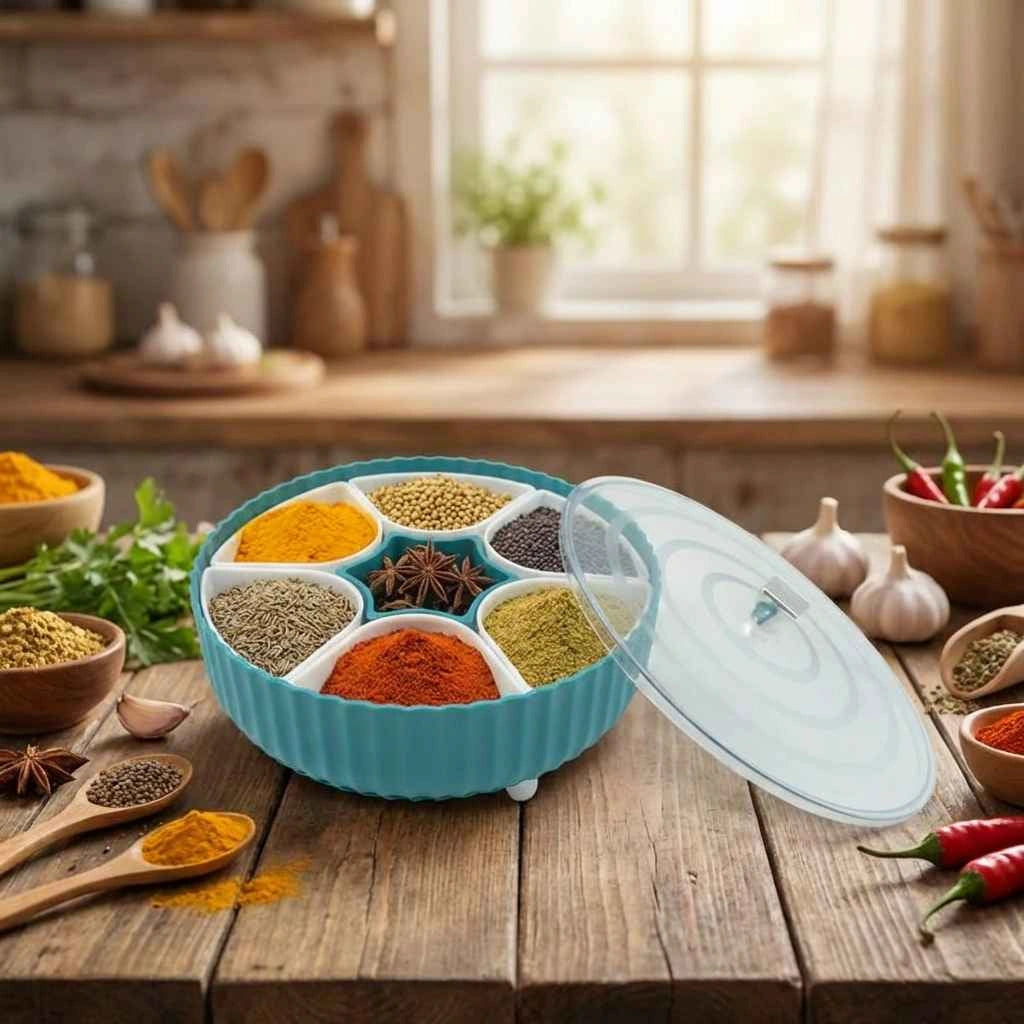 Teal revolving spice box with clear lid open, filled spice compartments