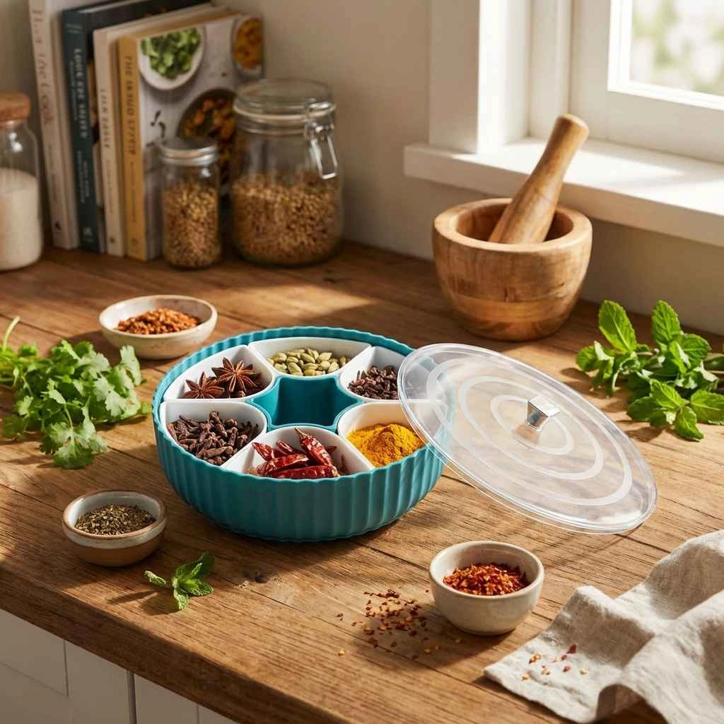 Teal revolving spice box with clear lid open, spice compartments and central hub