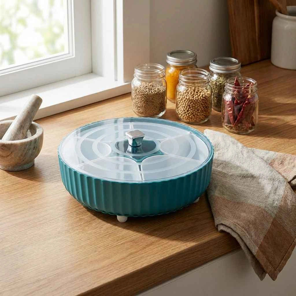 Teal revolving spice box with clear lid and central spinning hub, closed
