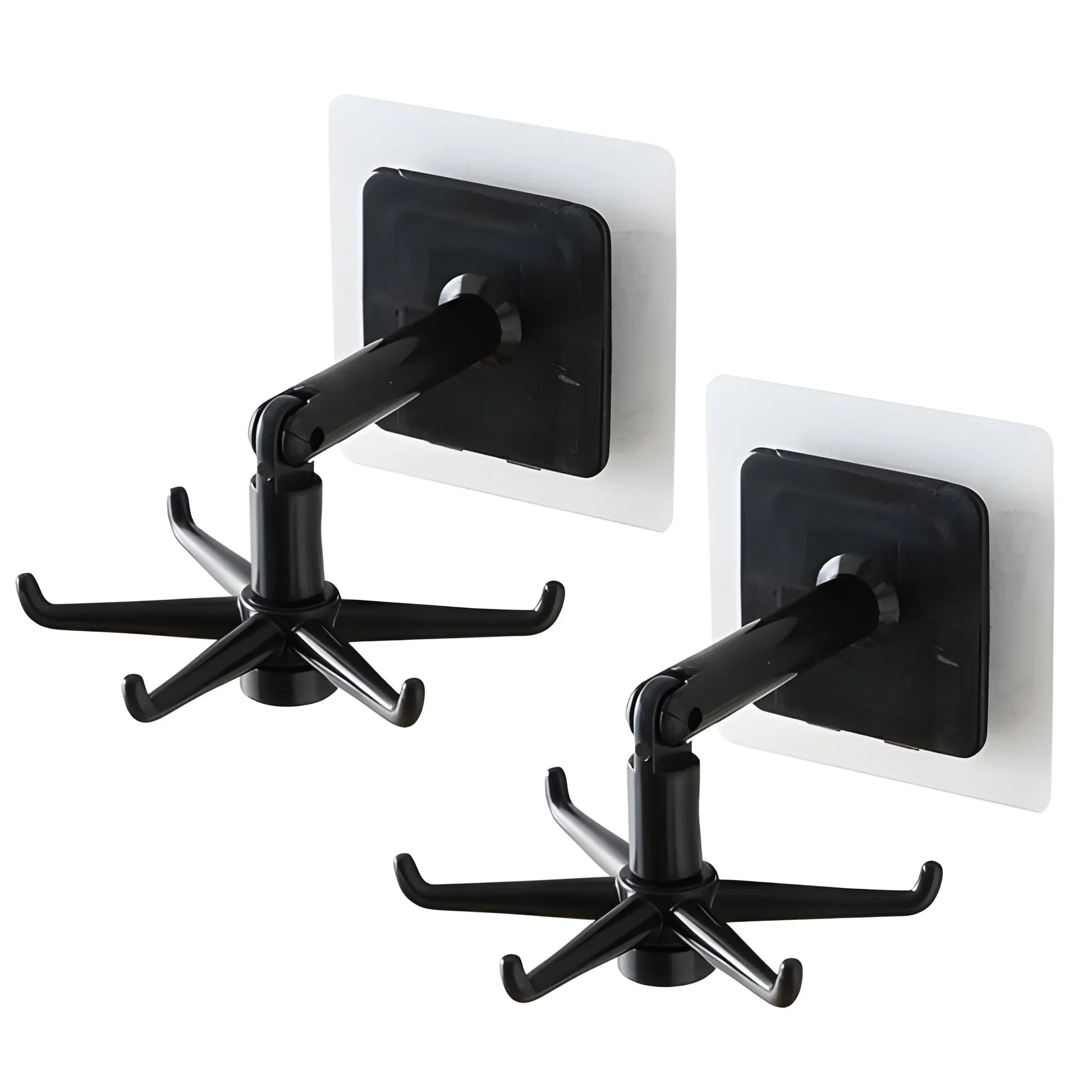 360 rotatable wall-mounted hanging hooks with black arm and four-prong base, set of 2