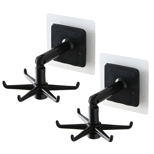 360 rotatable wall-mounted hanging hooks with black arm and four-prong base, set of 2