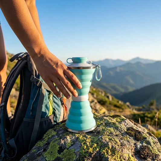 Collapsible silicone water bottle in teal with flip lid, standing on a rock