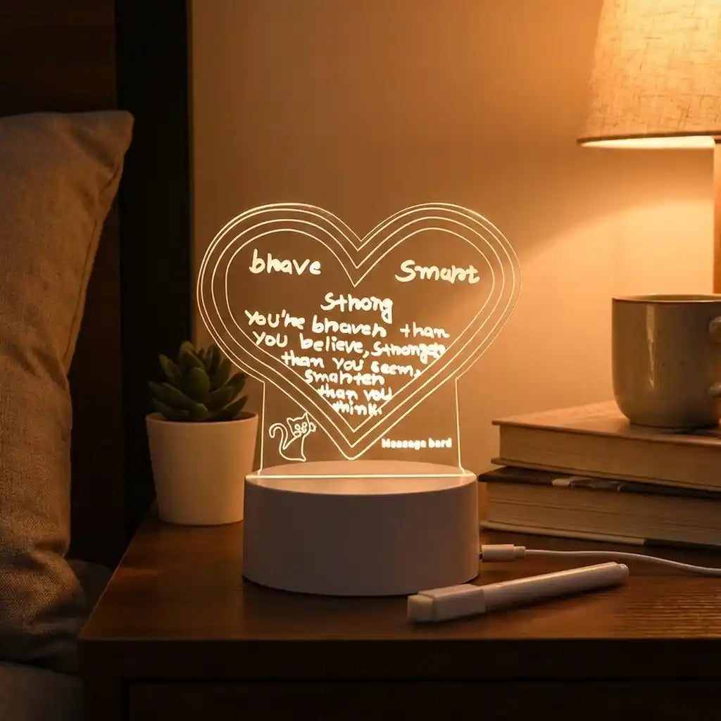 3D acrylic decorative lamp with glowing heart message and white base, message bar