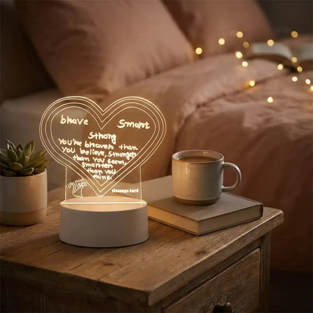 3D acrylic decorative lamp with glowing heart message, white round base, message bar