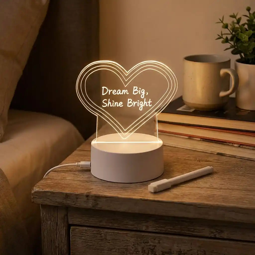 3D acrylic decorative lamp with glowing heart text Dream Big Shine Bright, white base